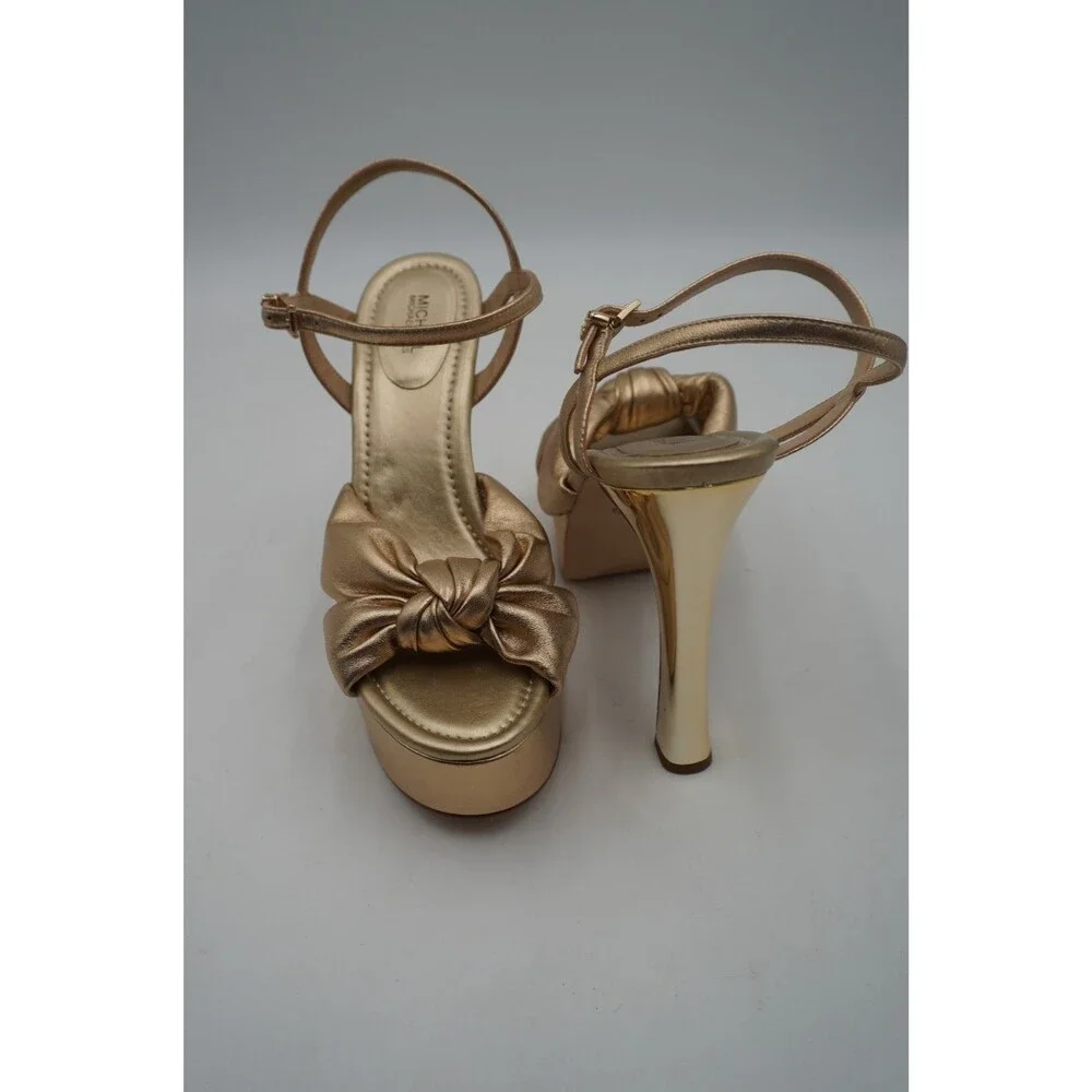 Michael Kors Elena Metallic Gold Leather Knot Platform Ankle Strap Heels Sz 10M
